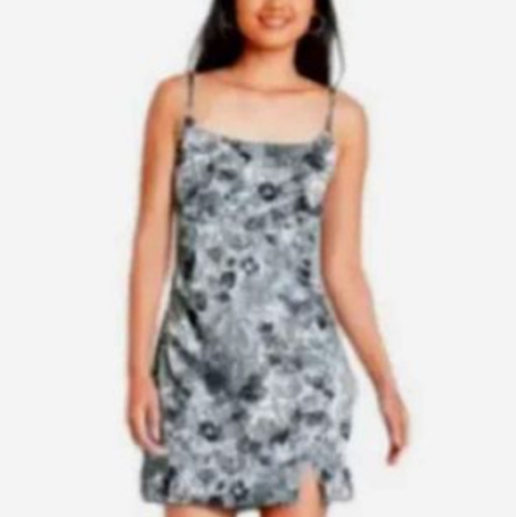 New Wild Fable Notch Slip Dress Blue Floral Silky Msrp 35$ Party Side Slit Lined - Picture 2 of 4